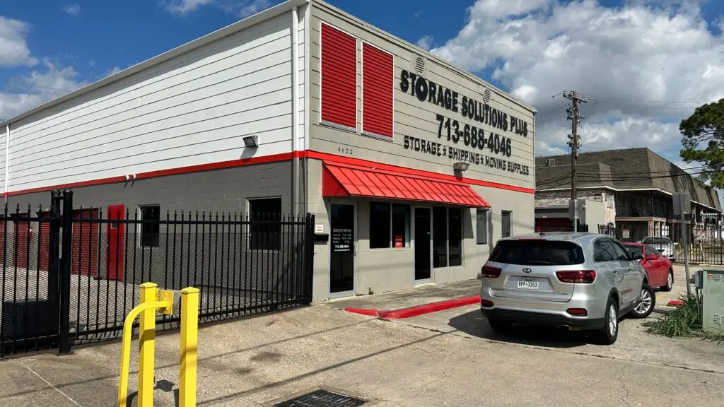 Exterior storefront of Storage Solutions Plus self-storage facility office in Houston, Texas 77092.