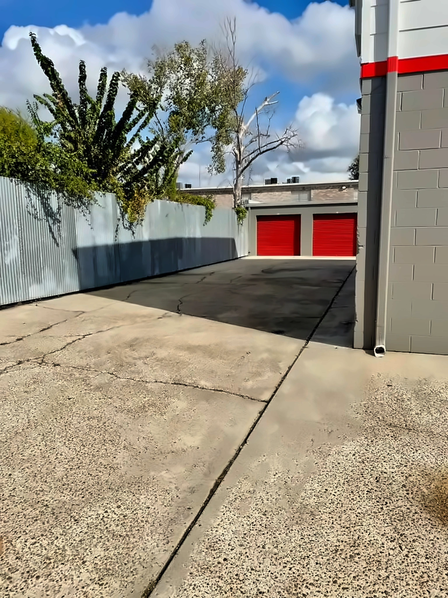 Storage building exterior with multiple unit doors